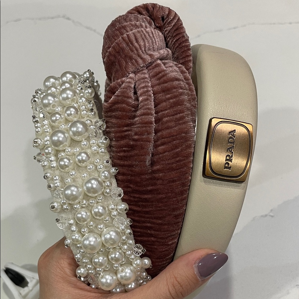 Luxury Cream and Pink Velvet Headbands with Pearl Embellishments